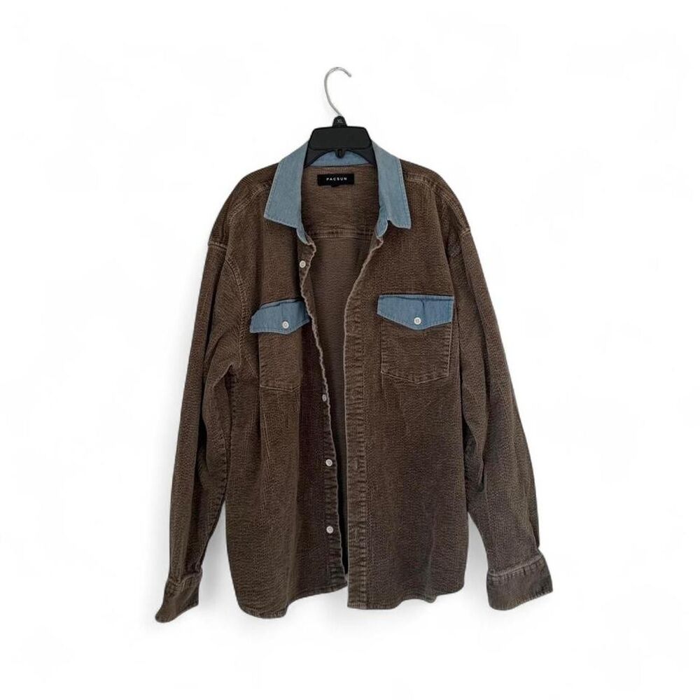 Pacsun Men's Brown Brown corduroy button-up shirt with blue collar L LARGE
